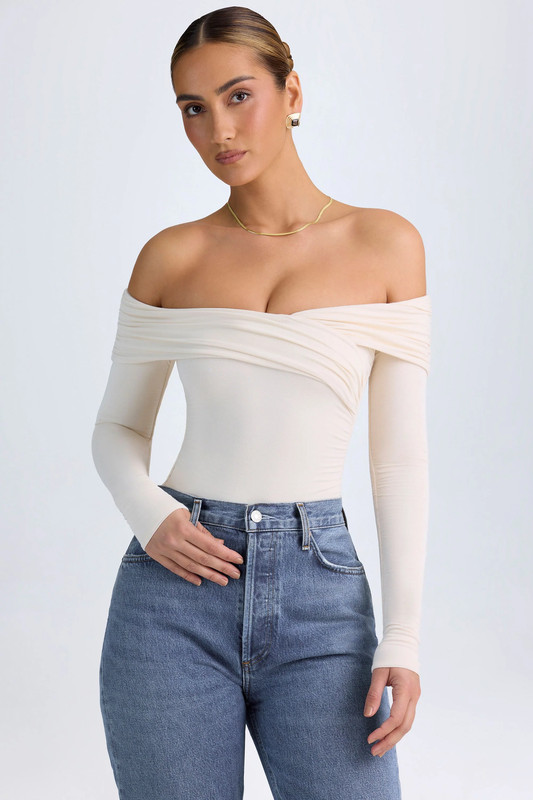 Modal Off-Shoulder Ruched Bodysuit in Ivory - Size:L